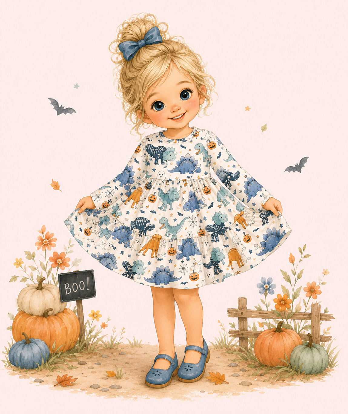 Illustrated blonde girl wearing a cream Halloween dinosaur dress with pumpkins, flowers and a soft fall storybook scene.