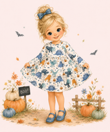 Illustrated blonde girl wearing a cream Halloween dinosaur dress with pumpkins, flowers and a soft fall storybook scene.