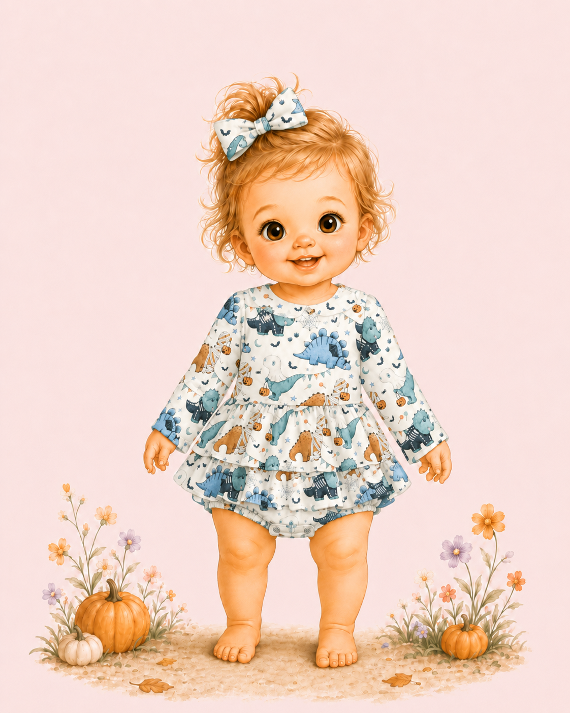 Illustrated baby girl wearing a cream Halloween dinosaur skirted bubble with pumpkins and fall flowers.