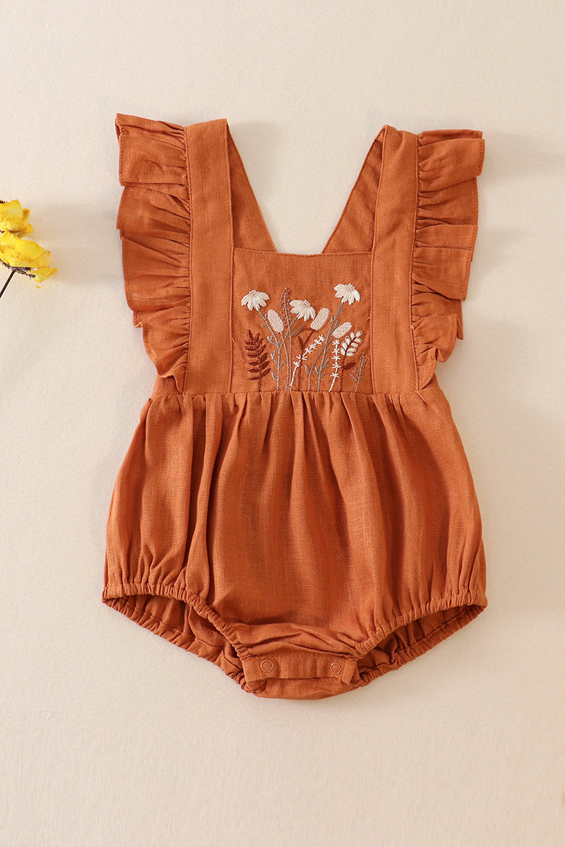 Caramel Floral Embroidered Ruffle Linen Baby Bubble by Abby & Evie