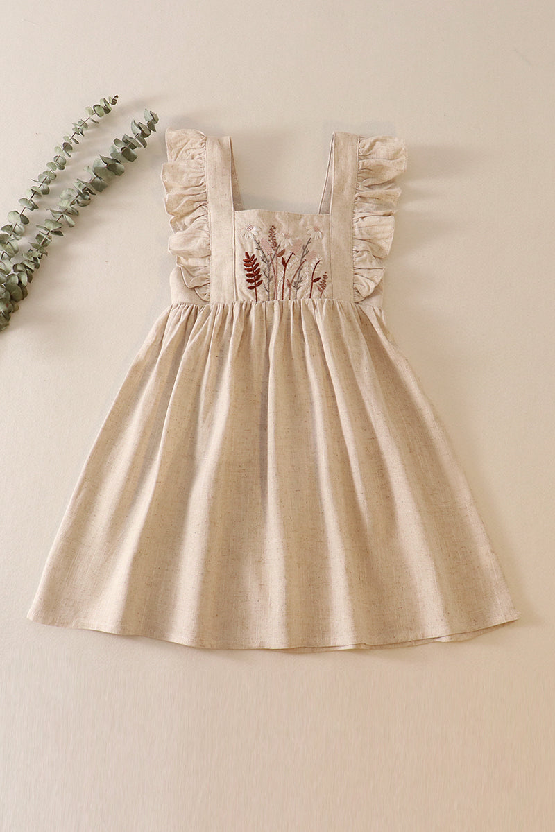 Beige Floral Embroidered Ruffle Linen Dress by Abby & Evie