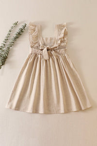 Beige Floral Embroidered Ruffle Linen Dress by Abby & Evie
