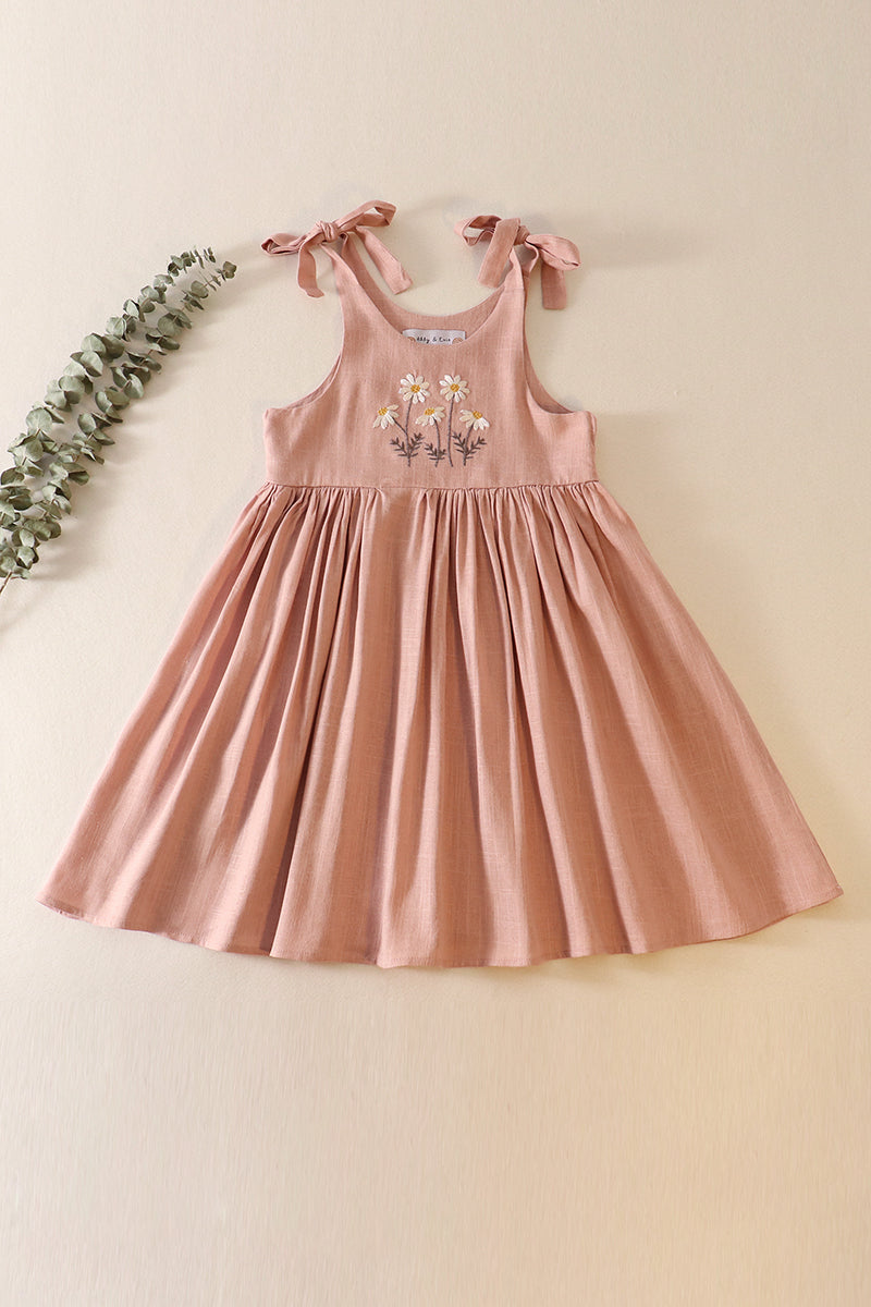 Mauve Floral Embroidered Linen Dress by Abby & Evie