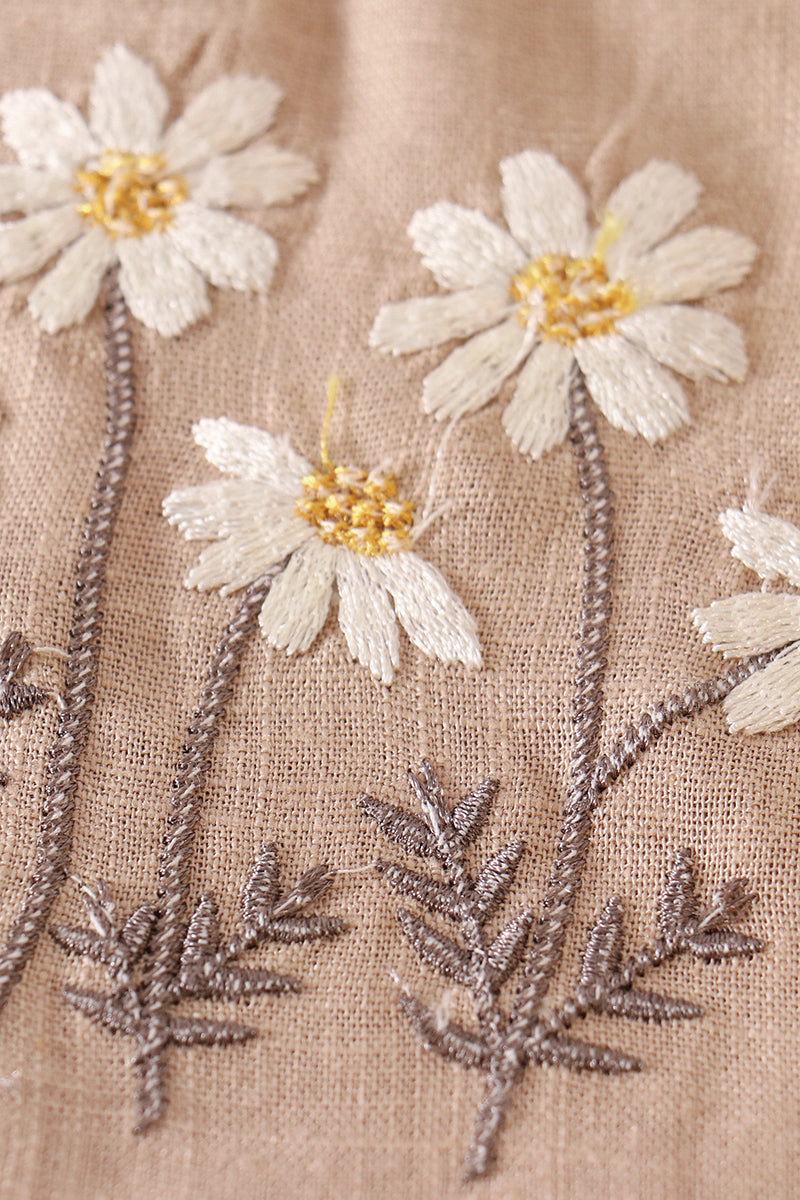 Beige Floral Embroidered Linen Dress by Abby & Evie