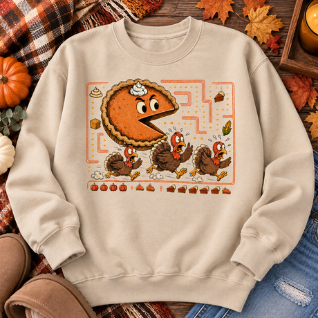 Thanksgiving Pie Chasing Turkey Graphic Tee or Sweatshirt | Women's