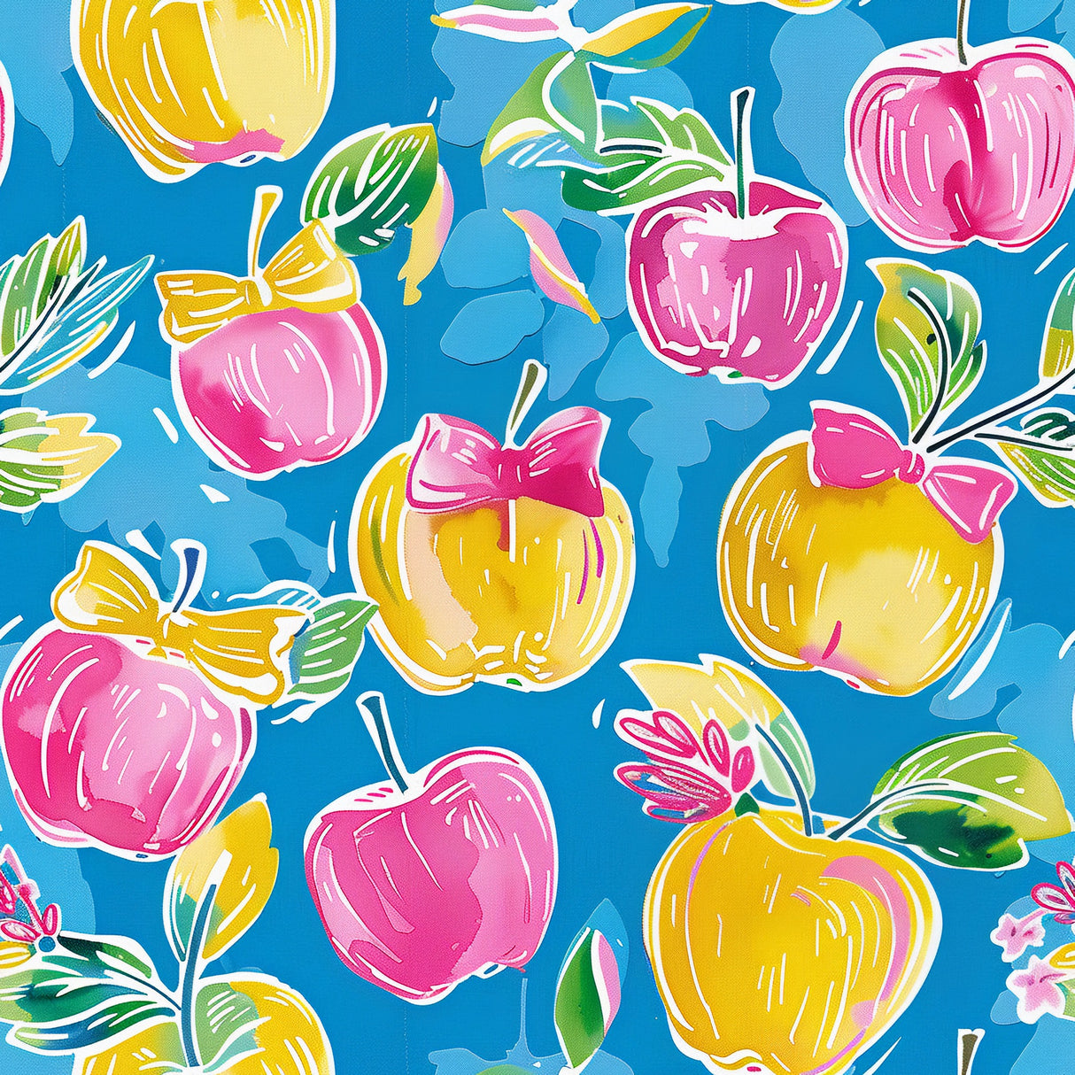 A close-up of the playful apple-themed print, featuring watercolor-style yellow and pink apples tied with bows, leafy stems, and subtle floral accents, set against a bold turquoise background.