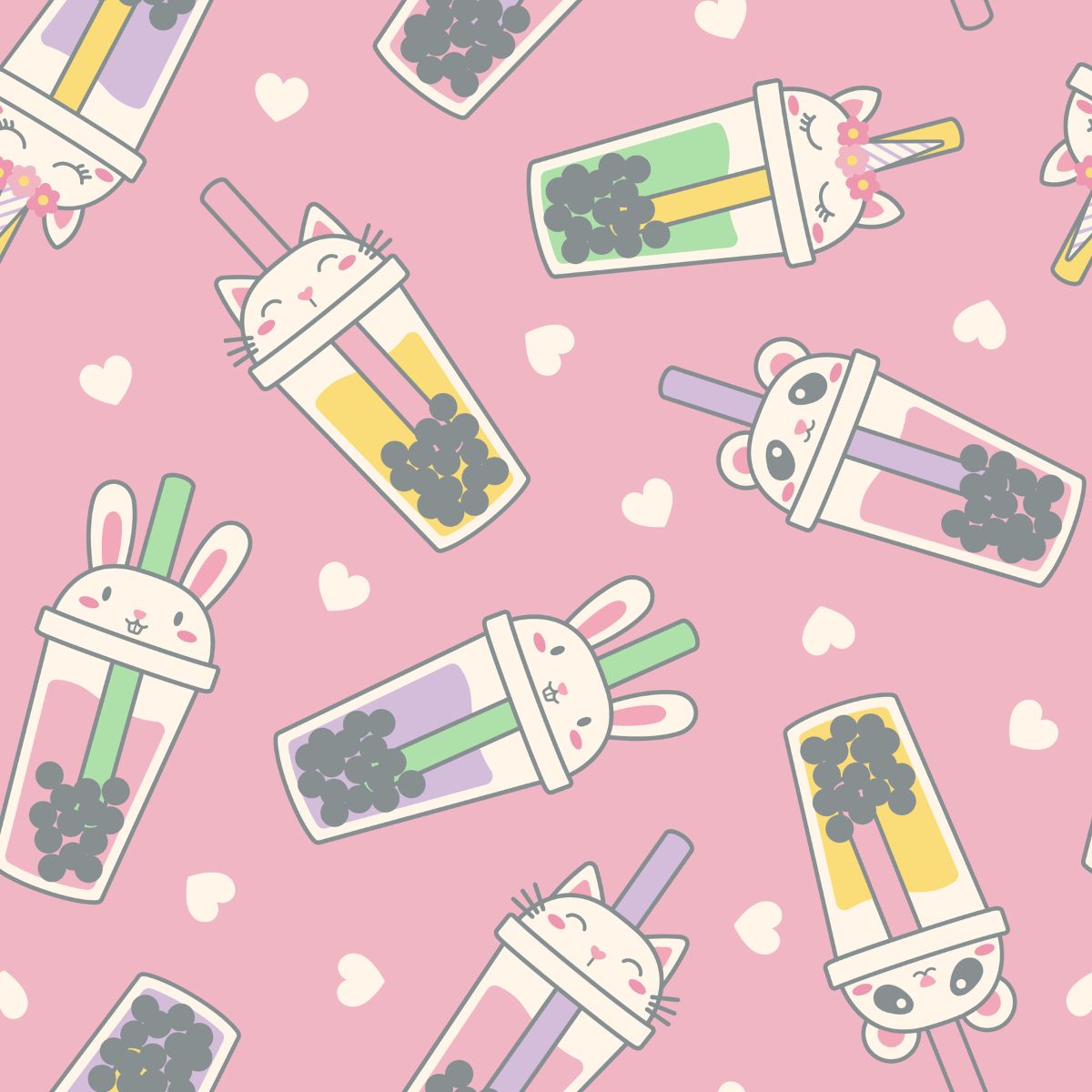A close-up of the Pete + Lucy Bubble Tea print, featuring smiling animal faces inside colorful boba tea cups on a soft pink background scattered with white hearts.