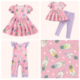 A collage of Pete + Lucy's Bubble Tea collection, including a short-sleeve tiered dress, a lavender leggings set with a matching bubble tea top, and a ruffle-sleeve romper. All pieces showcase a pink background with playful boba tea cups featuring animal faces.