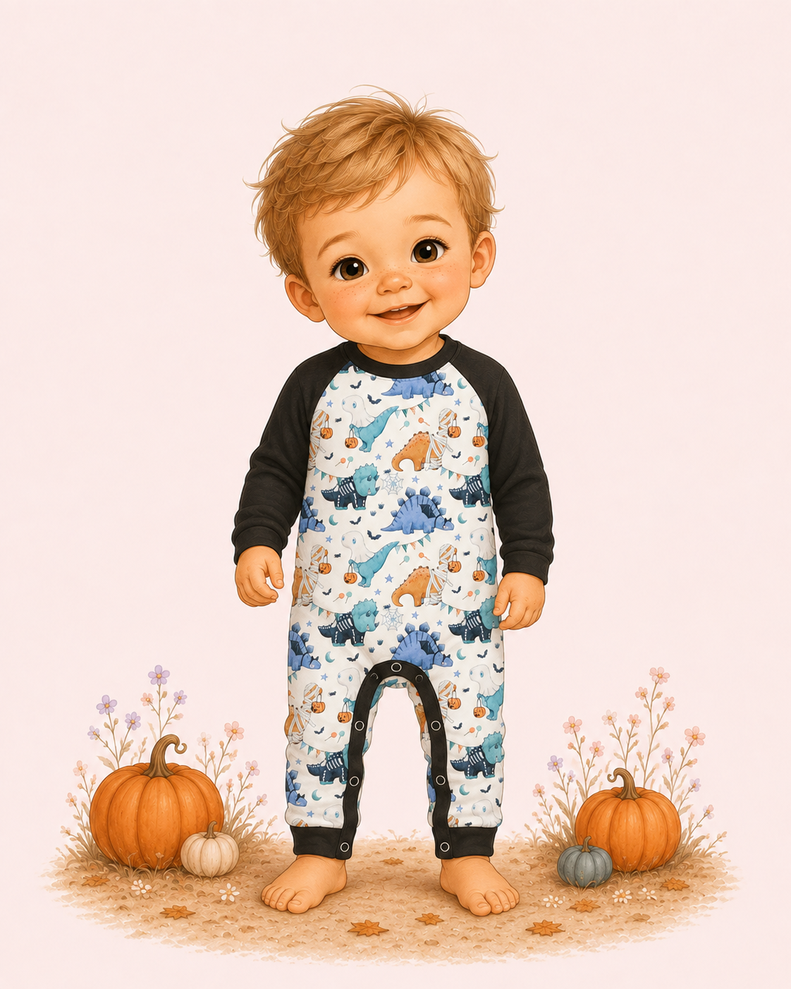 Illustrated baby boy wearing a cream Halloween dinosaur romper with black sleeves, surrounded by pumpkins and fall flowers.