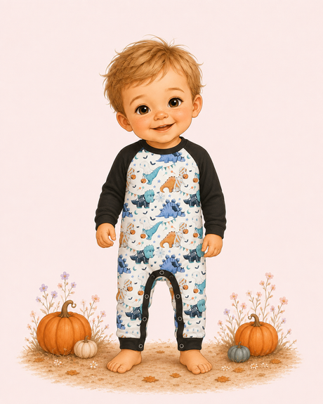 Illustrated baby boy wearing a cream Halloween dinosaur romper with black sleeves, surrounded by pumpkins and fall flowers.