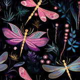 Close-up of dark fabric featuring pink, purple, and blue dragonfly prints with delicate floral accents.