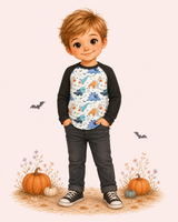 Illustrated boy wearing a cream Halloween dinosaur raglan shirt with black sleeves, pumpkins and bats in a fall scene.