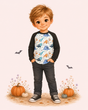 Illustrated boy wearing a cream Halloween dinosaur raglan shirt with black sleeves, pumpkins and bats in a fall scene.
