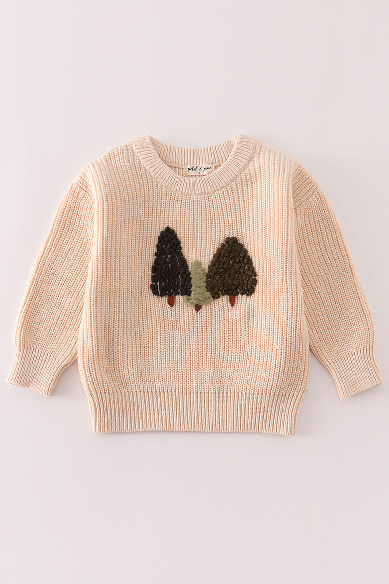 Ivory Hand-Embroidered Christmas Trees Sweater by Abby & Evie