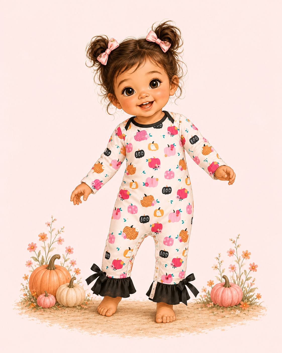 Illustrated toddler wearing a cream pumpkin-print romper with black ruffle bows, surrounded by fall pumpkins and flowers.