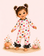 Illustrated toddler wearing a cream pumpkin-print romper with black ruffle bows, surrounded by fall pumpkins and flowers.