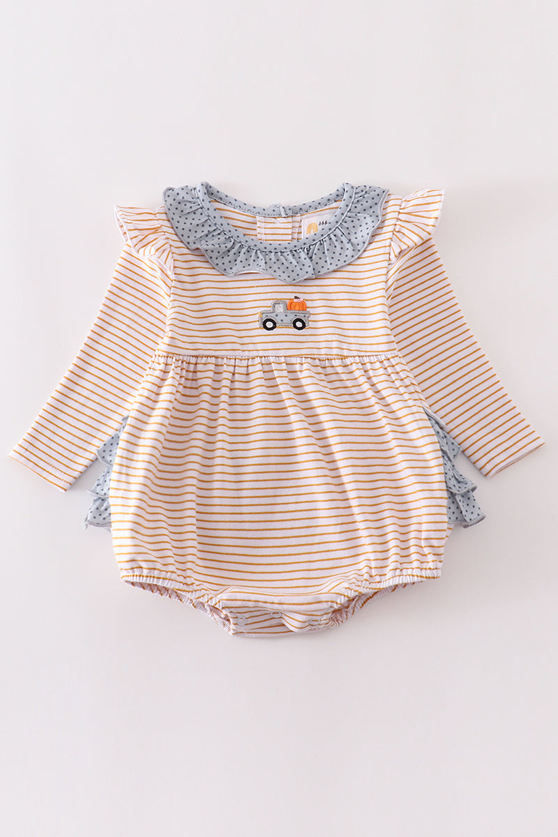 Tractor Stripe Ruffled Baby Romper by Abby & Evie