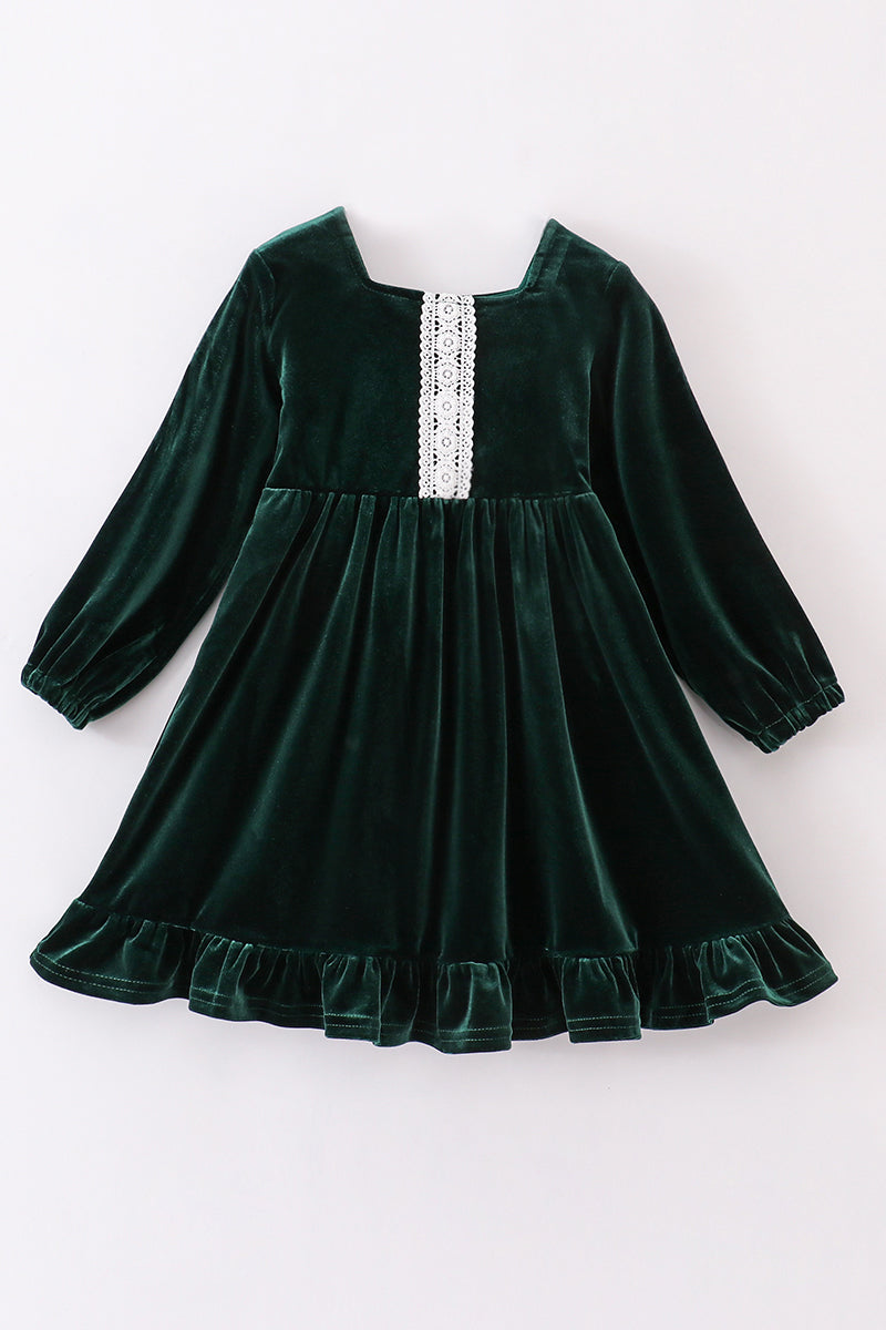 Emerald Green Lace-Trimmed Velvet Dress by Abby & Evie