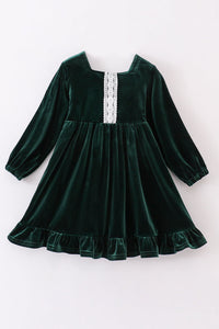 Emerald Green Lace-Trimmed Velvet Dress by Abby & Evie