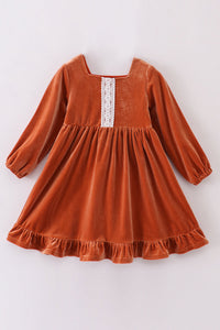 Burnt Orange Lace-Trimmed Velvet Dress by Abby & Evie