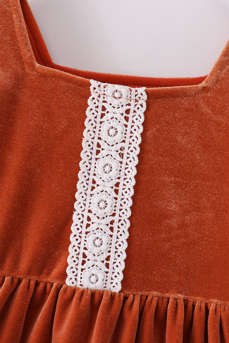 Burnt Orange Lace-Trimmed Velvet Dress by Abby & Evie