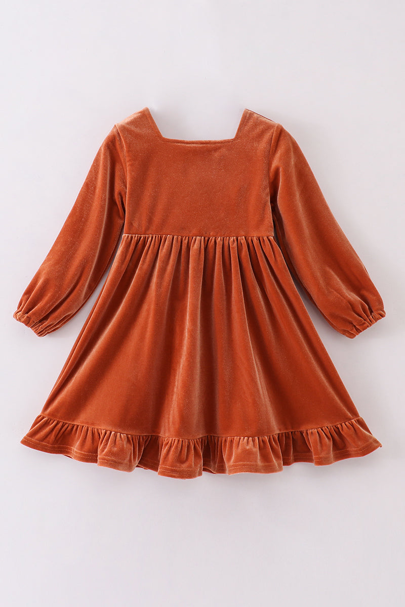 Burnt Orange Lace-Trimmed Velvet Dress by Abby & Evie