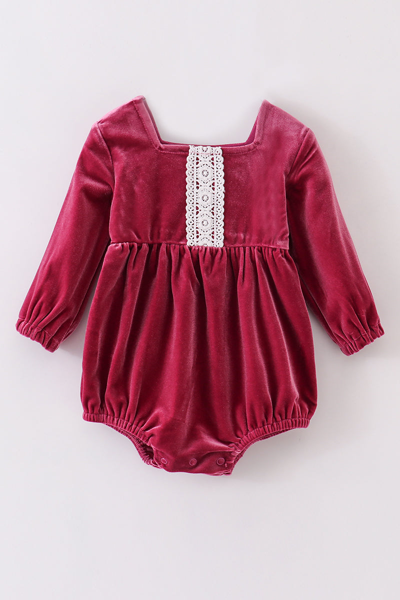 Crimson Lace-Trimmed Velvet Baby Bubble by Abby & Evie