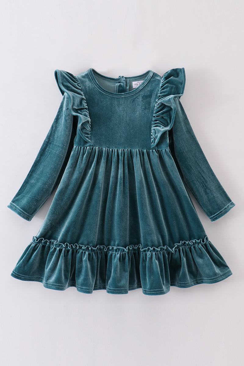 Emerald Teal Ruffle Velvet Dress by Abby & Evie