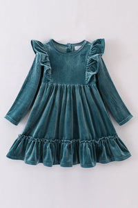 Emerald Teal Ruffle Velvet Dress by Abby & Evie