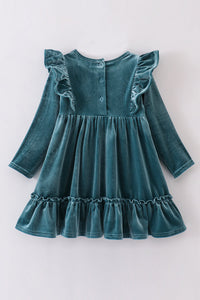 Emerald Teal Ruffle Velvet Dress by Abby & Evie