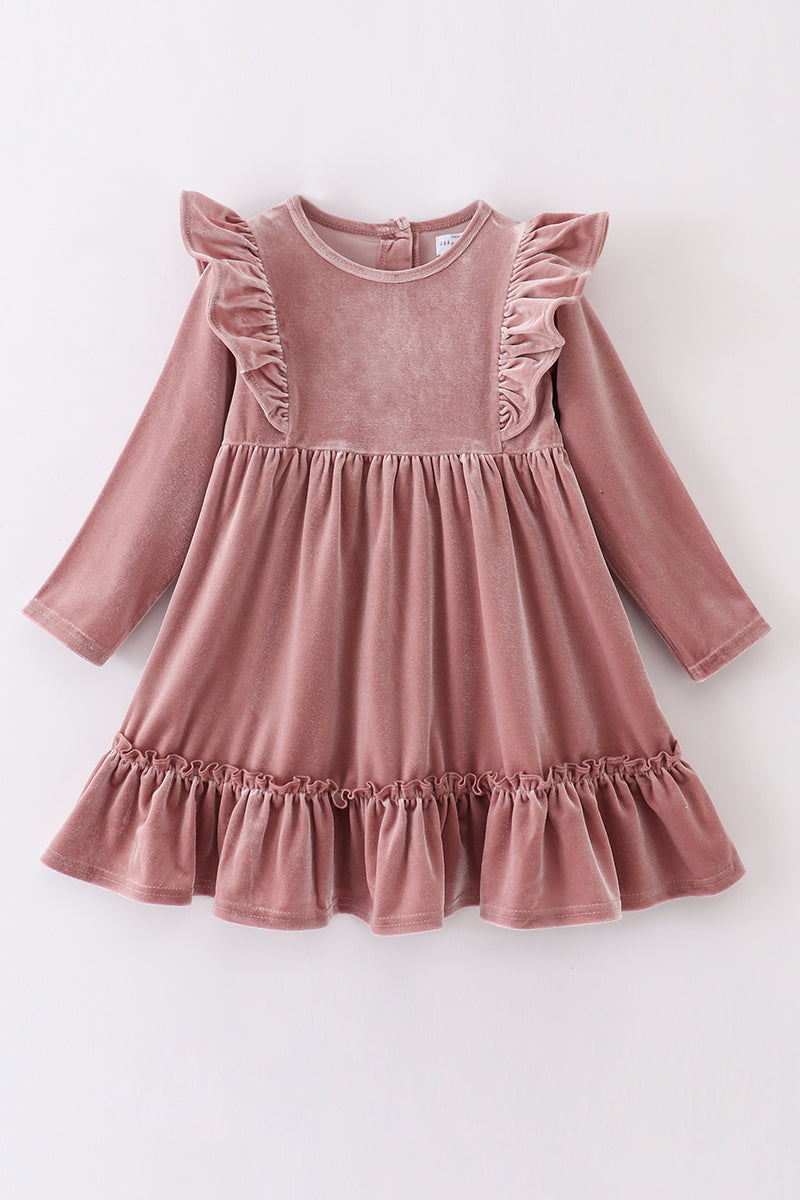 Pink Champagne Ruffle Velvet Dress by Abby & Evie