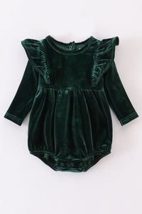 Emerald Green Ruffle Velvet Baby Bubble by Abby & Evie