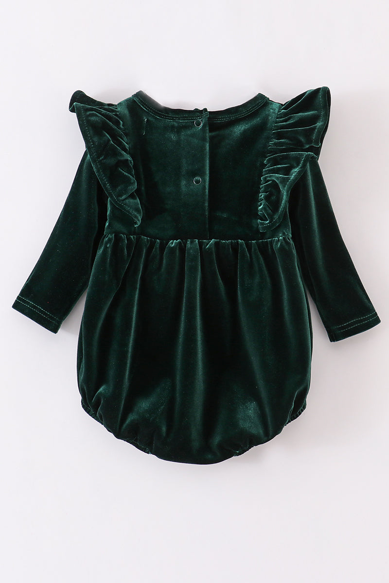 Emerald Green Ruffle Velvet Baby Bubble by Abby & Evie