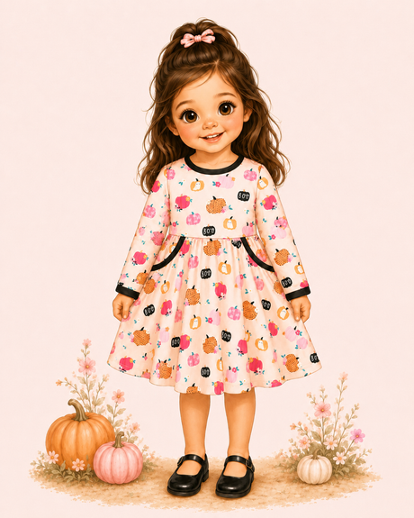 Illustrated girl wearing a cream pumpkin-print dress with black trim and pockets, with soft fall pumpkins and flowers.