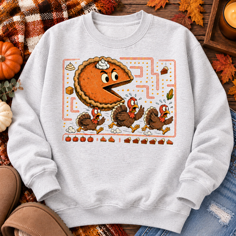 Thanksgiving Pie Chasing Turkey Graphic Tee or Sweatshirt | Women's