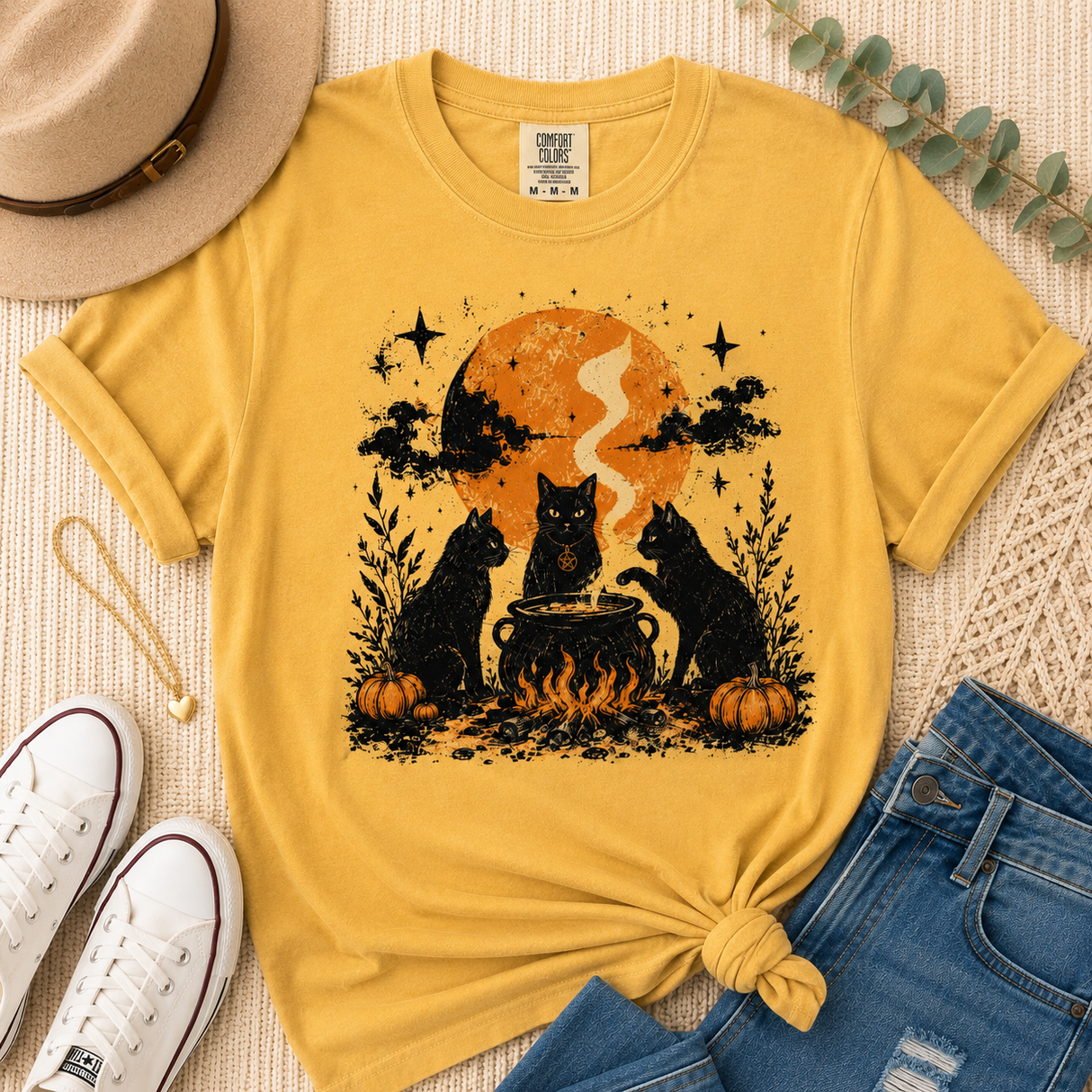 Witch Cat Coven Halloween Comfort Colors Graphic Tee | Women's