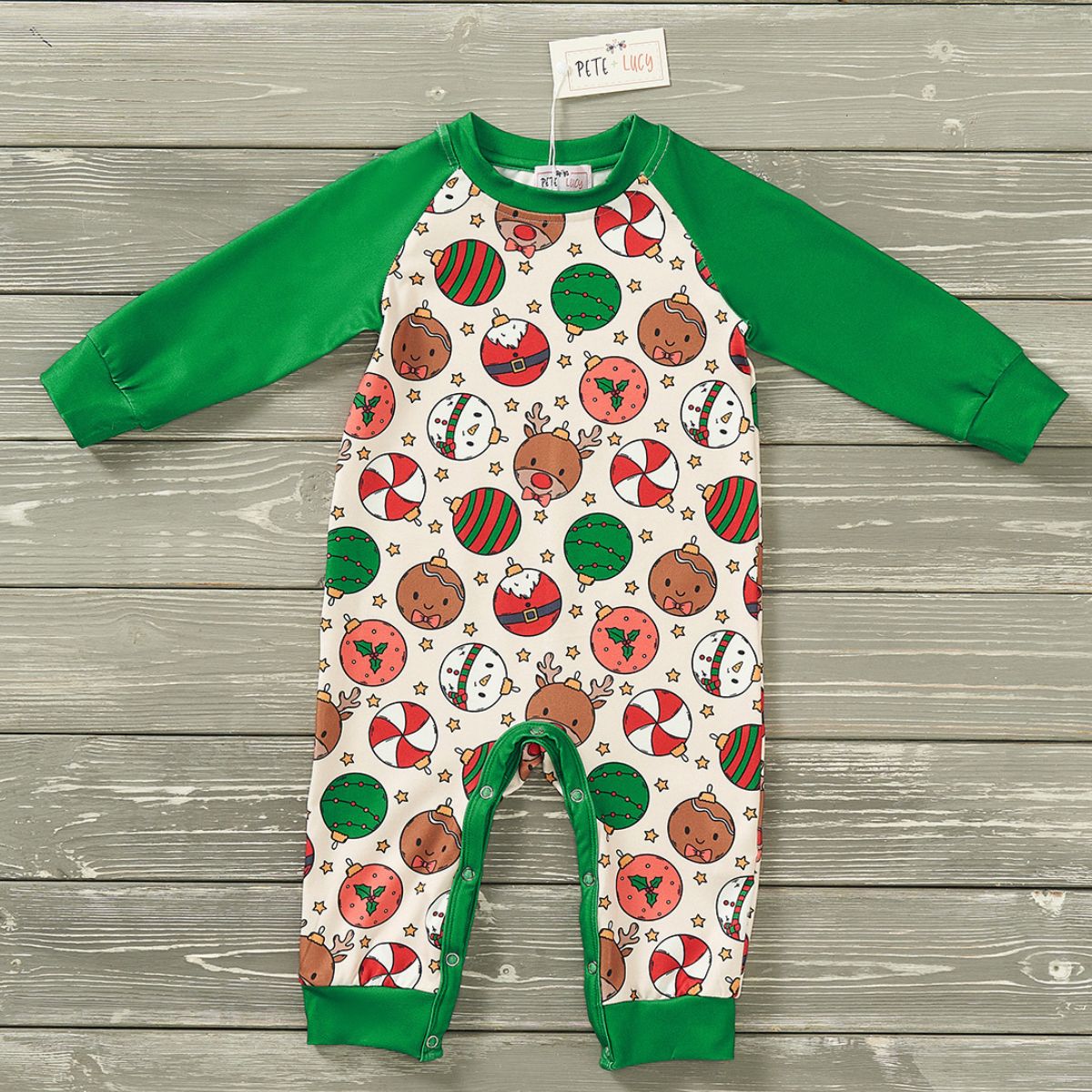 Christmas Ornaments Raglan Baby Romper by Pete + Lucy