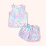 Pastel pink, lavender, aqua and mint sleeveless loungewear set with a tank top, matching shorts and pink trim.