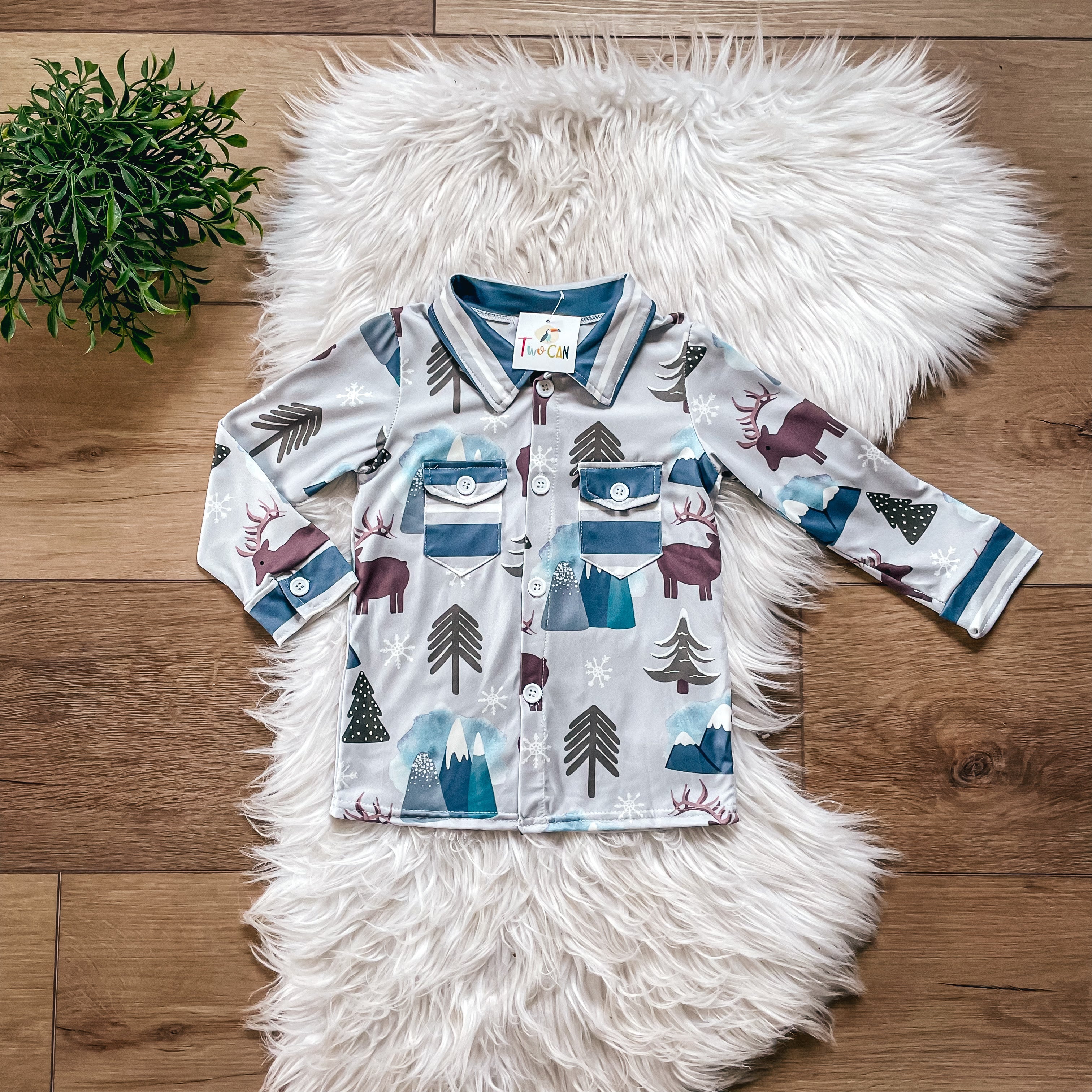 Winter Scene Long Sleeve Button Up Tee Shirt by Twocan