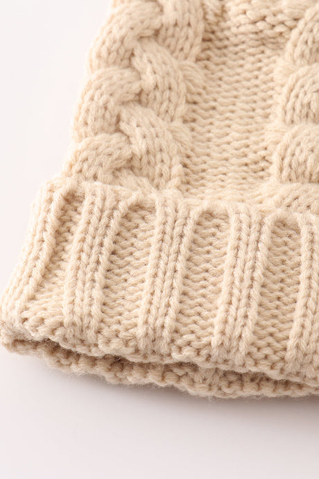 Beige Cable Knit Pom-Pom Beanie Hats for Baby, Toddlers and Adults
