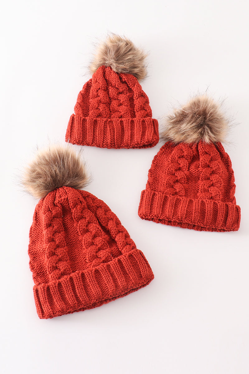 Caramel Cable Knit Pom-Pom Beanie Hats for Baby, Toddlers and Adults by Abby & Evie