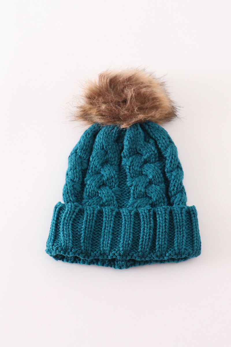 Teal Cable Knit Pom Beanie Hats for Baby, Toddlers and Adults by Honey Bean