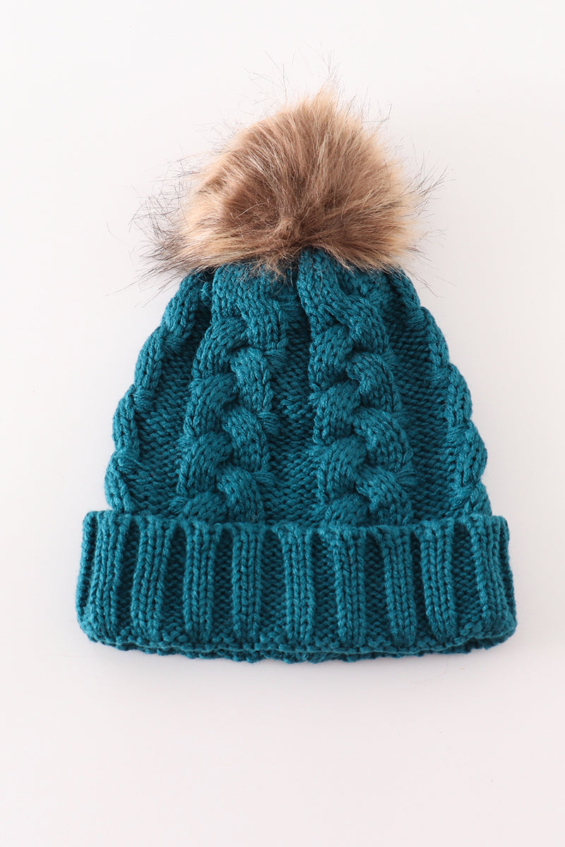 Teal Cable Knit Pom Beanie Hats for Baby, Toddlers and Adults by Honey Bean