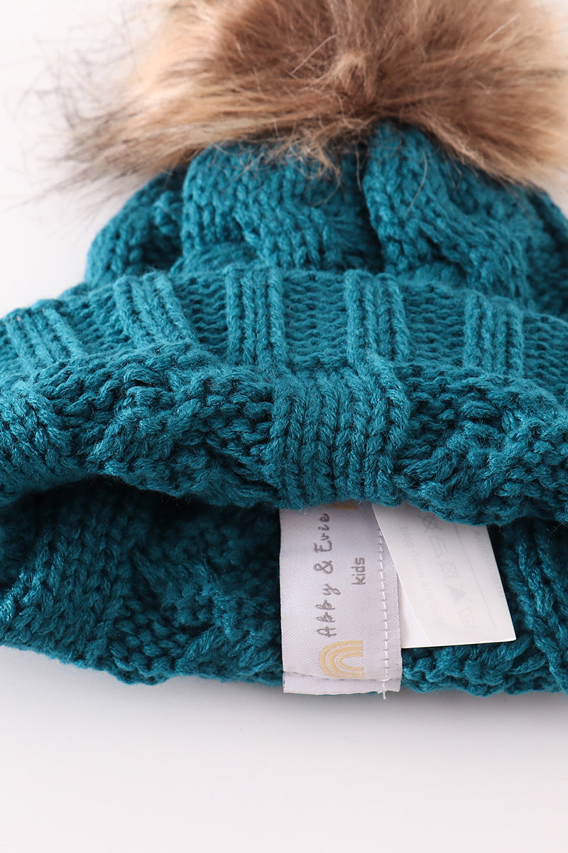 Teal Cable Knit Pom Beanie Hats for Baby, Toddlers and Adults by Honey Bean