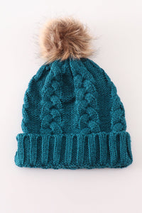 Teal Cable Knit Pom Beanie Hats for Baby, Toddlers and Adults by Honey Bean