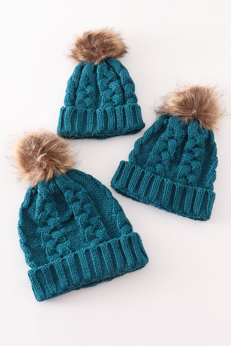 Teal Cable Knit Pom Beanie Hats for Baby, Toddlers and Adults by Abby & Evie