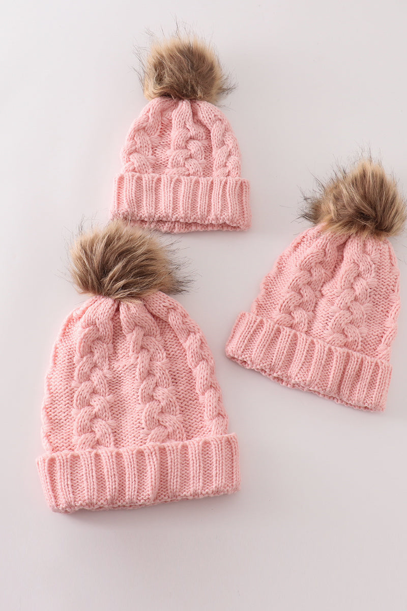 Cozy Pink Cable Knit Pom Beanie Hats for Baby, Toddlers and Adults by Honey Bean