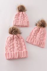 Cozy Pink Cable Knit Pom Beanie Hats for Baby, Toddlers and Adults by Honey Bean