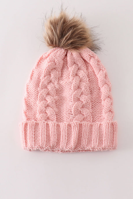 Cozy Pink Cable Knit Pom Beanie Hats for Baby, Toddlers and Adults