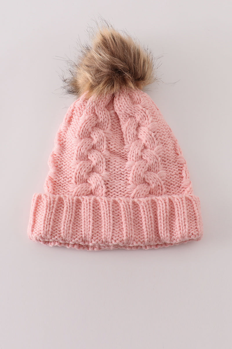 Cozy Pink Cable Knit Pom Beanie Hats for Baby, Toddlers and Adults by Honey Bean